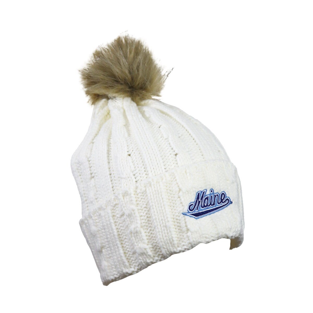 Maine Script Cream Knit Cuff Pom Beanie